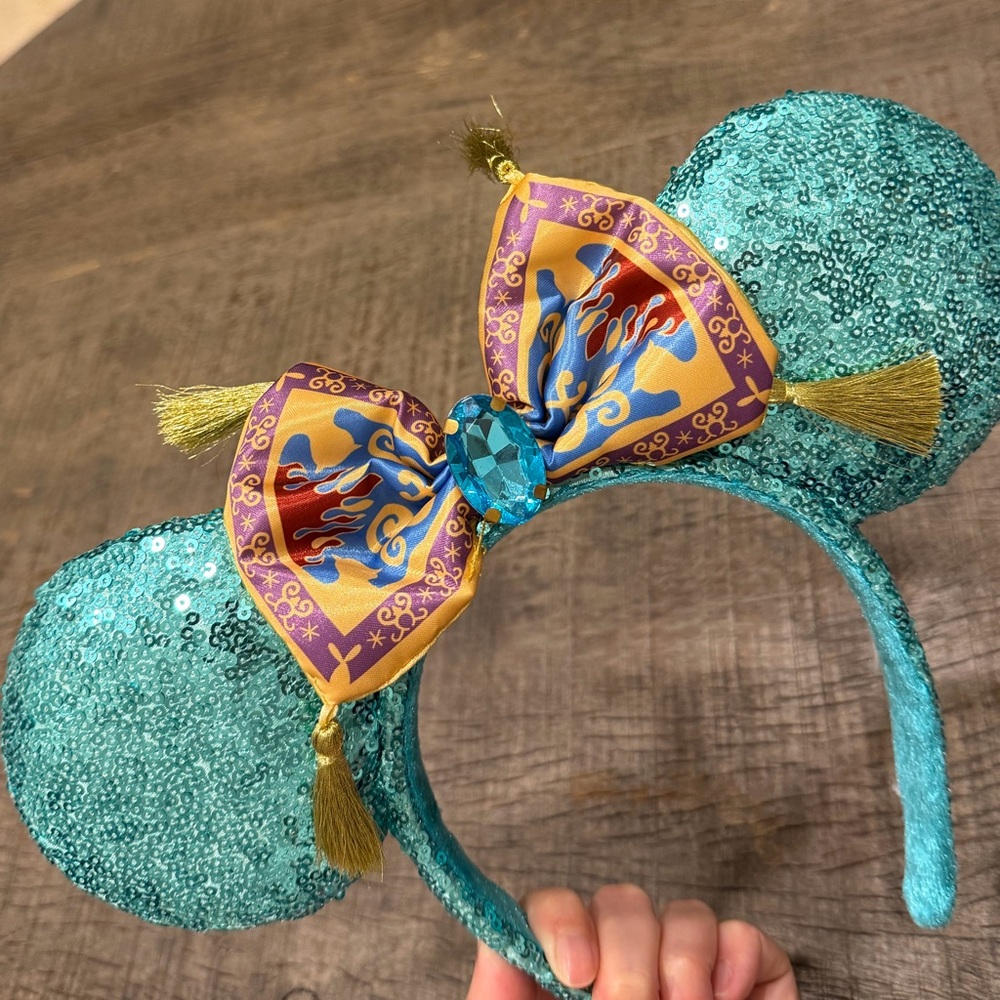 Princess Jasmine Teal Sequins Disney Ears with Decorative Magic Carpet Bow